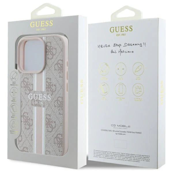 GUESS Handyhülle für iPhone 16 Pro Max – Beige mit Logo-Muster & Streifen-Design