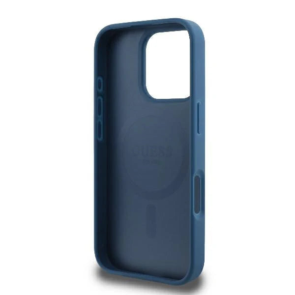 GUESS Handyhülle für iPhone 16 Pro Max – Blau in Jeansoptik mit 4G-Logo & MagSafe