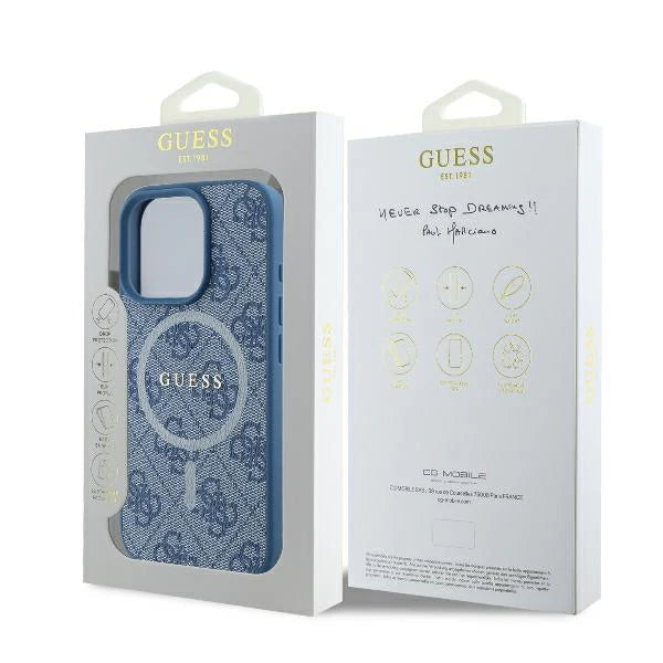 GUESS Handyhülle für iPhone 16 Pro Max – Blau in Jeansoptik mit 4G-Logo & MagSafe