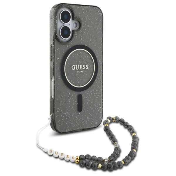 GUESS Glitzerhülle mit MagSafe & Perlenarmband – für iPhone 16 (Schwarz)