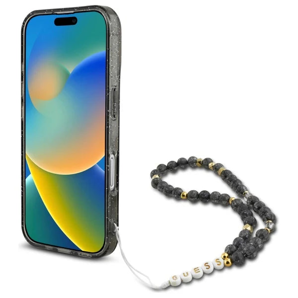 GUESS Glitzerhülle mit MagSafe & Perlenarmband – für iPhone 16 (Schwarz)
