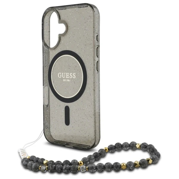 GUESS Glitzerhülle mit MagSafe & Perlenarmband – für iPhone 16 (Schwarz)
