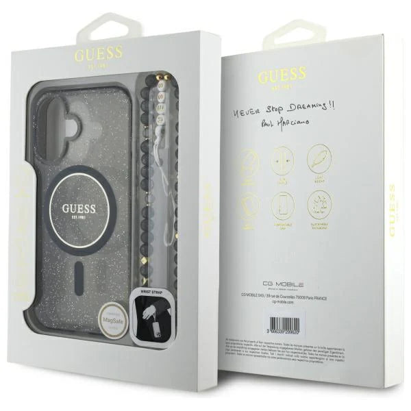 GUESS Glitzerhülle mit MagSafe & Perlenarmband – für iPhone 16 (Schwarz)
