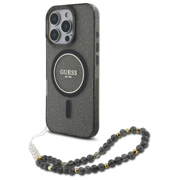 GUESS Handyhülle für iPhone 16 Pro Max – Schwarz mit Glitzereffekt, MagSafe & Perlen-Handschlaufe