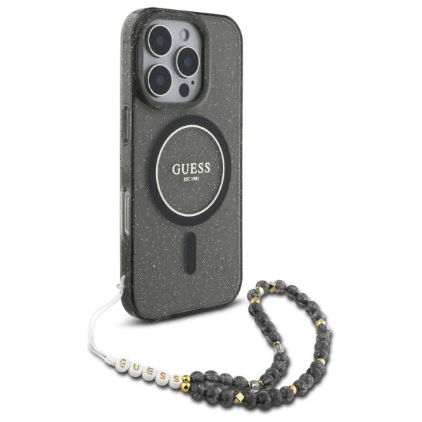 GUESS Handyhülle für iPhone 16 Pro Max – Schwarz mit Glitzereffekt, MagSafe & Perlen-Handschlaufe