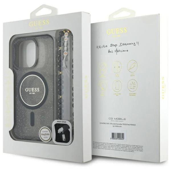 GUESS Handyhülle für iPhone 16 Pro Max – Schwarz mit Glitzereffekt, MagSafe & Perlen-Handschlaufe