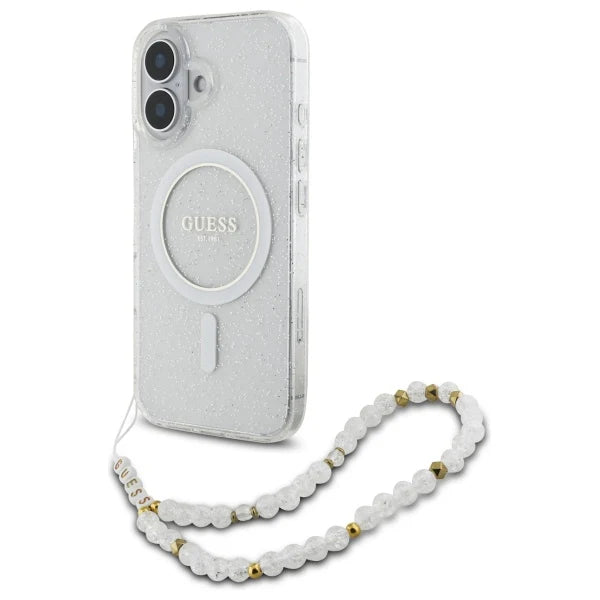 GUESS Glitzerhülle mit MagSafe & Perlenarmband – für iPhone 16 (Weiß)