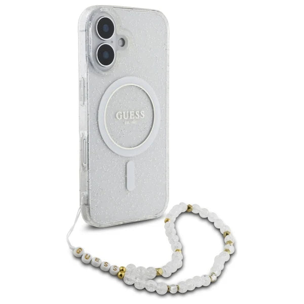 GUESS Glitzerhülle mit MagSafe & Perlenarmband – für iPhone 16 (Weiß)