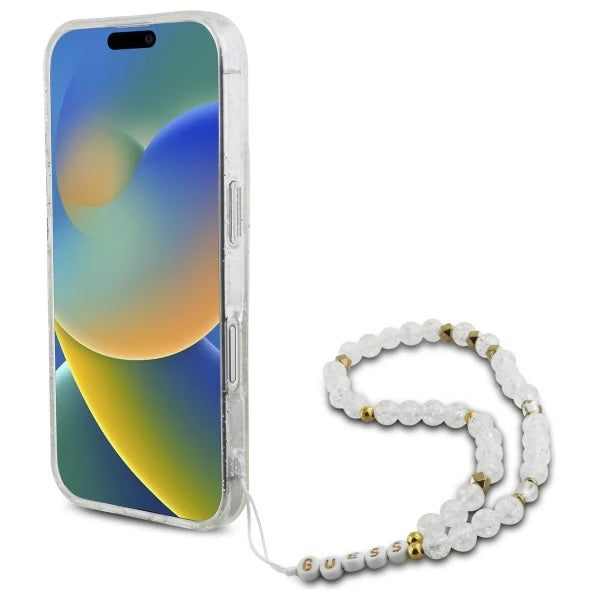 GUESS Glitzerhülle mit MagSafe & Perlenarmband – für iPhone 16 (Weiß)