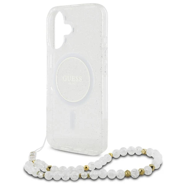 GUESS Glitzerhülle mit MagSafe & Perlenarmband – für iPhone 16 (Weiß)