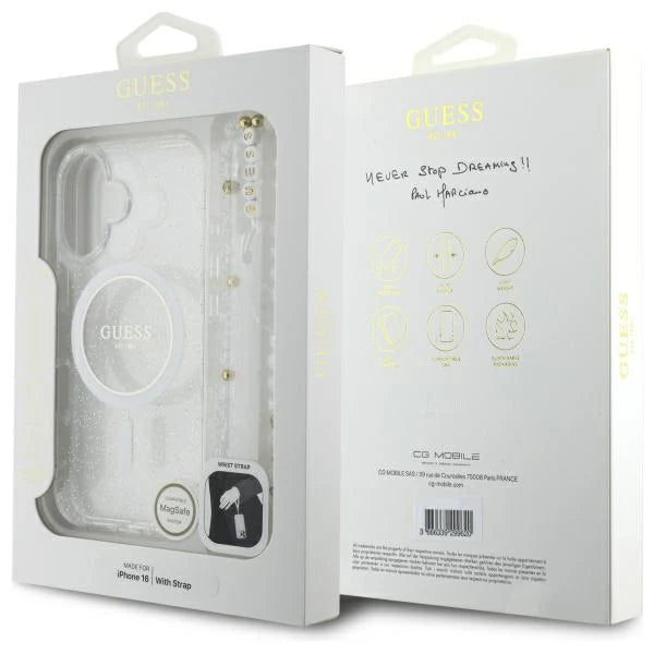 GUESS Glitzerhülle mit MagSafe & Perlenarmband – für iPhone 16 (Weiß)