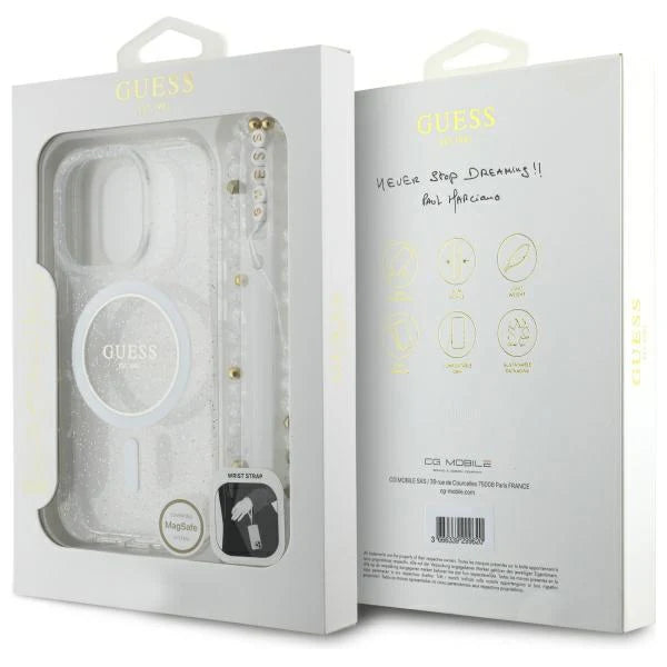 GUESS Handyhülle für iPhone 16 Pro Max – Weiß Transparent mit Glitzereffekt, MagSafe & Perlen-Handschlaufe