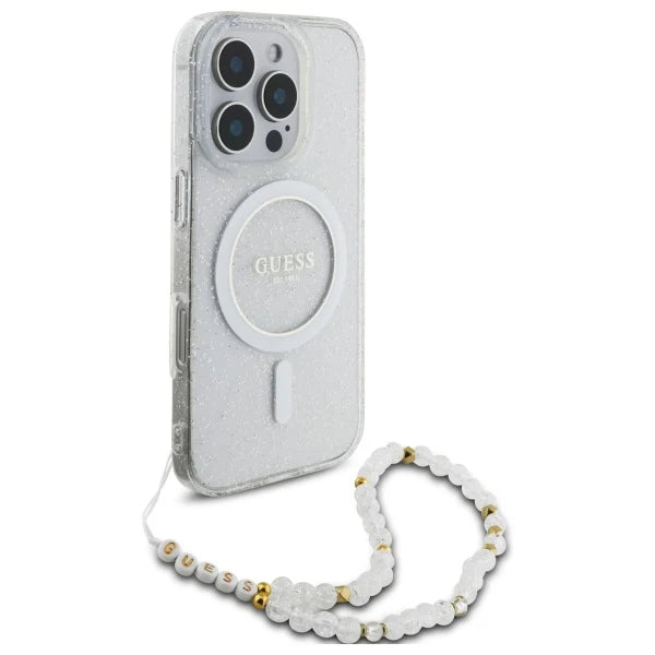 GUESS Handyhülle für iPhone 16 Pro Max – Weiß Transparent mit Glitzereffekt, MagSafe & Perlen-Handschlaufe