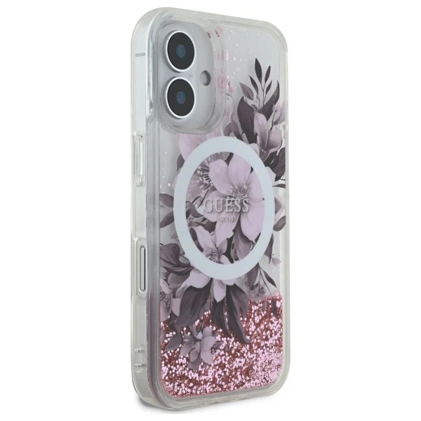 GUESS Schutzhülle mit Glitzer & Blumen – MagSafe Case für iPhone 16