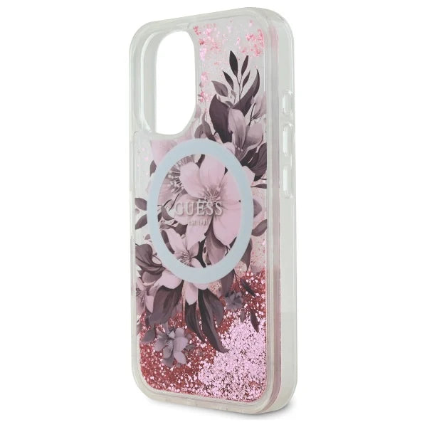 GUESS Schutzhülle mit Glitzer & Blumen – MagSafe Case für iPhone 16