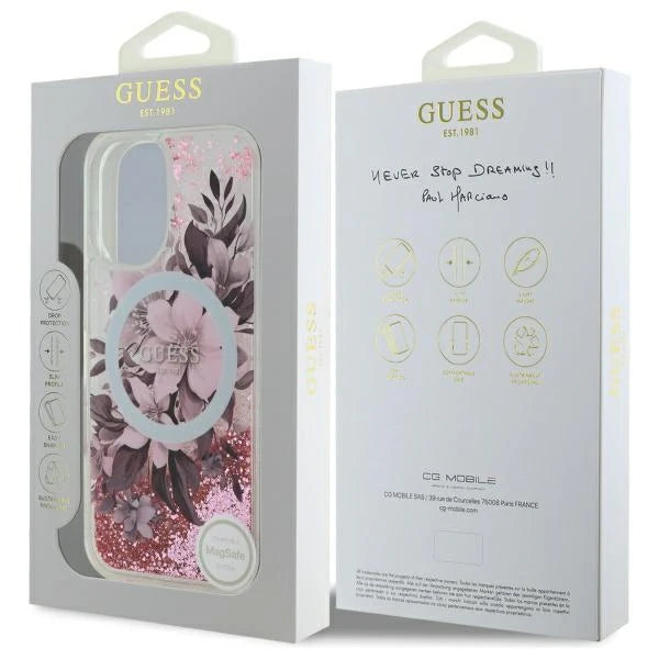 GUESS Schutzhülle mit Glitzer & Blumen – MagSafe Case für iPhone 16