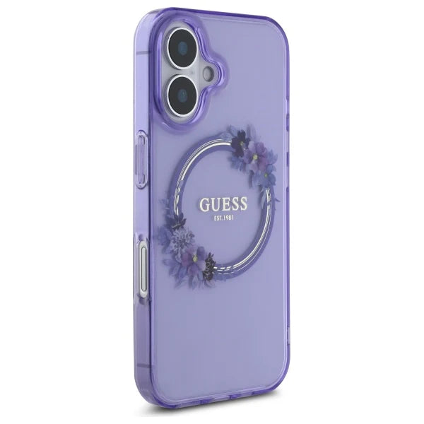 GUESS Floral MagSafe Hülle – für iPhone 16 (Lila mit Blumenring)