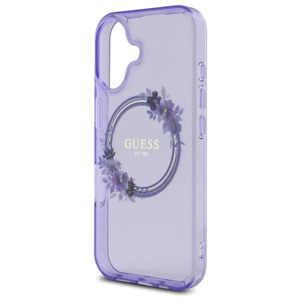 GUESS Floral MagSafe Hülle – für iPhone 16 (Lila mit Blumenring)