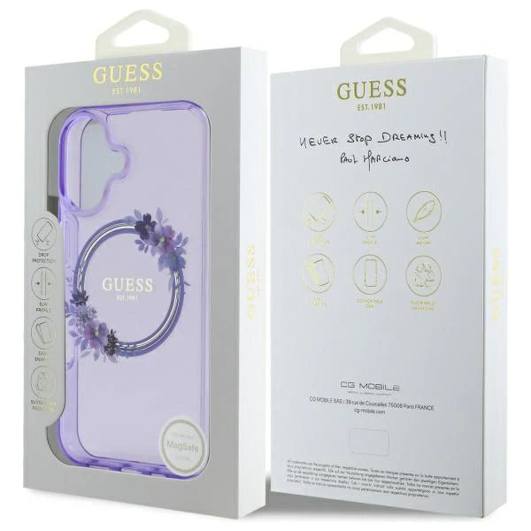 GUESS Floral MagSafe Hülle – für iPhone 16 (Lila mit Blumenring)