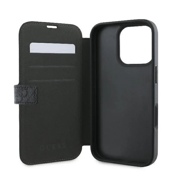GUESS Book Case für iPhone 16 Pro Max – Schwarz mit Magnetverschluss & Logo-Applikation