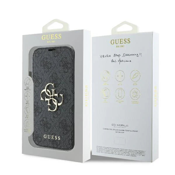 GUESS Book Case für iPhone 16 Pro Max – Schwarz mit Magnetverschluss & Logo-Applikation