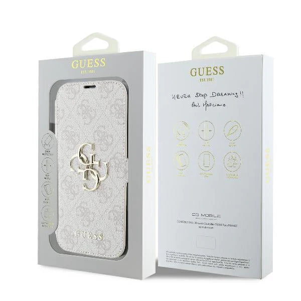 GUESS Book Case für iPhone 16 Pro Max – Rosa mit Magnetverschluss & Metall-Logo