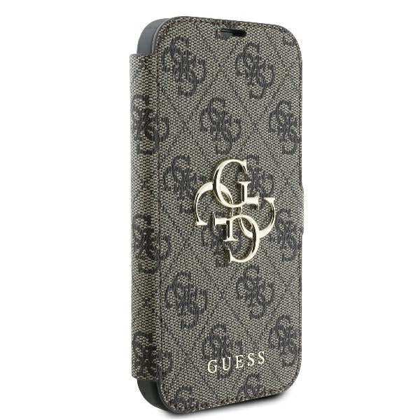 GUESS Book Case für iPhone 16 Pro Max – Braun mit Magnetverschluss & Logo-Muster