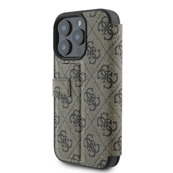 GUESS Book Case für iPhone 16 Pro Max – Braun mit Magnetverschluss & Logo-Muster