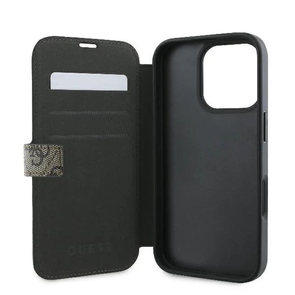 GUESS Book Case für iPhone 16 Pro Max – Braun mit Magnetverschluss & Logo-Muster