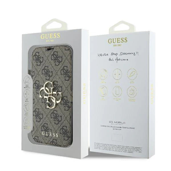 GUESS Book Case für iPhone 16 Pro Max – Braun mit Magnetverschluss & Logo-Muster