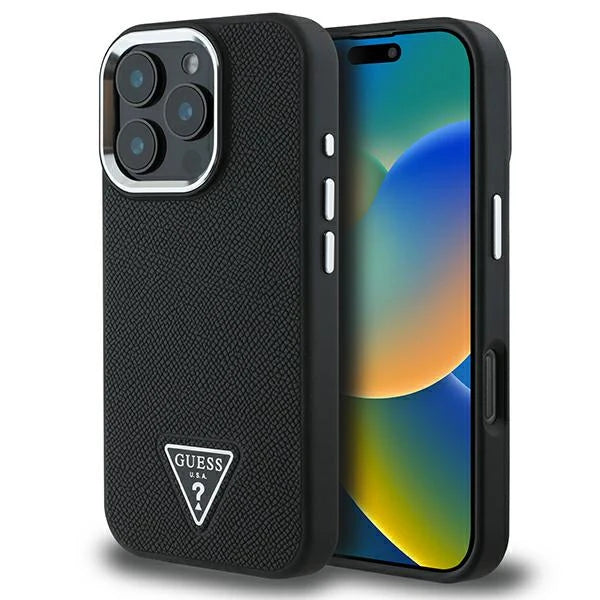GUESS Saffiano Hülle Schwarz für iPhone 16 Pro – Klassisch. Stark. Magnetisch