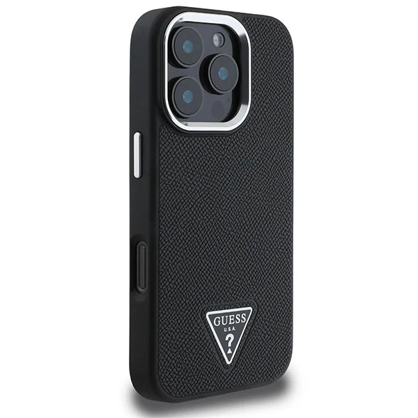 GUESS Saffiano Hülle Schwarz für iPhone 16 Pro – Klassisch. Stark. Magnetisch