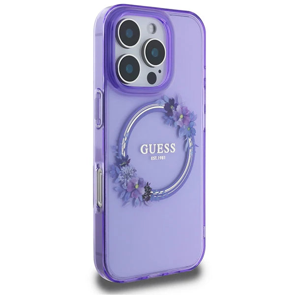 GUESS Handyhülle für iPhone 16 Pro Max – Lila Transparent mit Blumenkranz & Logo