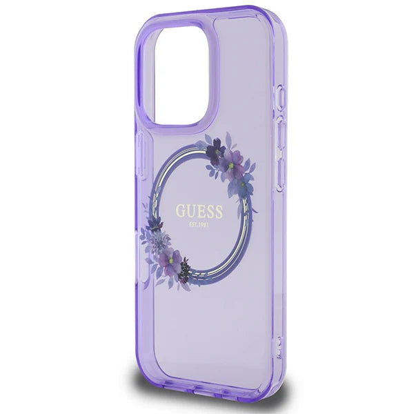 GUESS Handyhülle für iPhone 16 Pro Max – Lila Transparent mit Blumenkranz & Logo