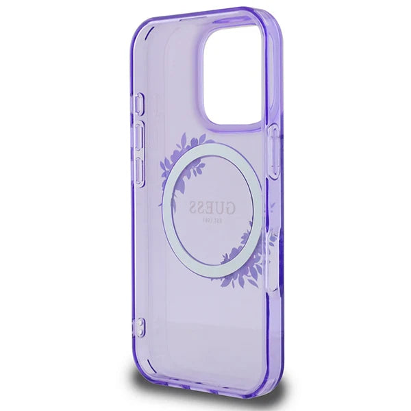 GUESS Handyhülle für iPhone 16 Pro Max – Lila Transparent mit Blumenkranz & Logo