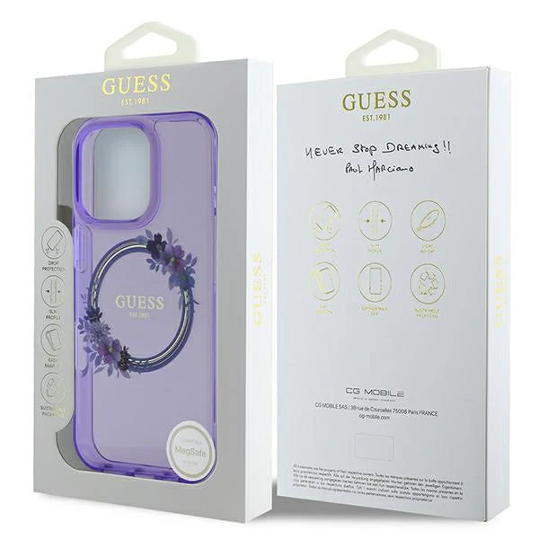 GUESS Handyhülle für iPhone 16 Pro Max – Lila Transparent mit Blumenkranz & Logo