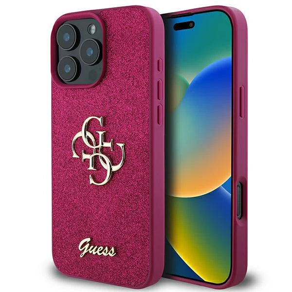 GUESS Handyhülle für iPhone 16 Pro Max – Lila mit strukturiertem Finish & Metall-Logo