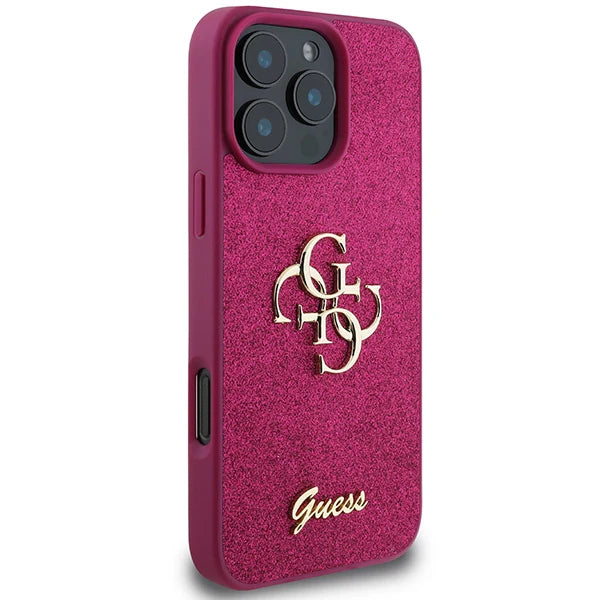 GUESS Handyhülle für iPhone 16 Pro Max – Lila mit strukturiertem Finish & Metall-Logo