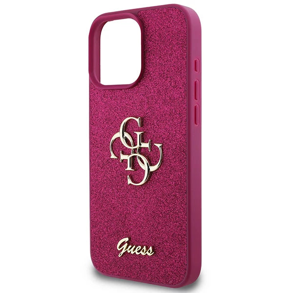 GUESS Glitter Logo Hülle – für iPhone 16 (Weinrot mit Goldlogo)