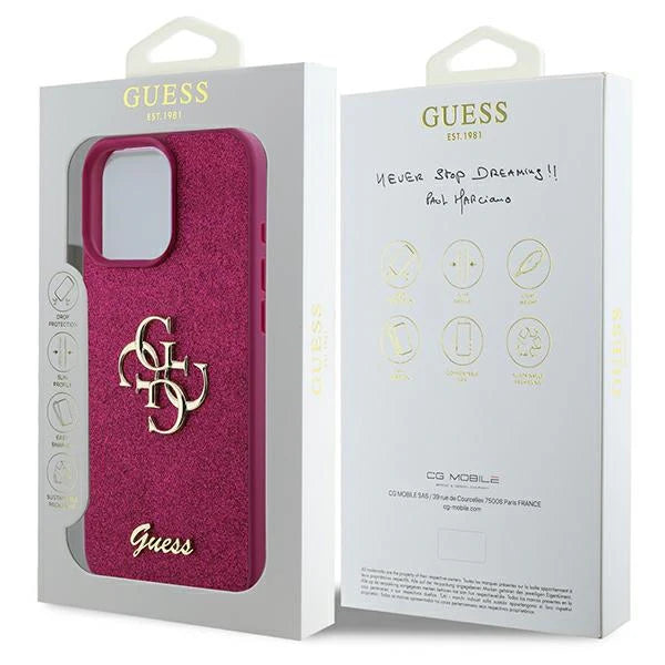 GUESS Handyhülle für iPhone 16 Pro Max – Lila mit strukturiertem Finish & Metall-Logo