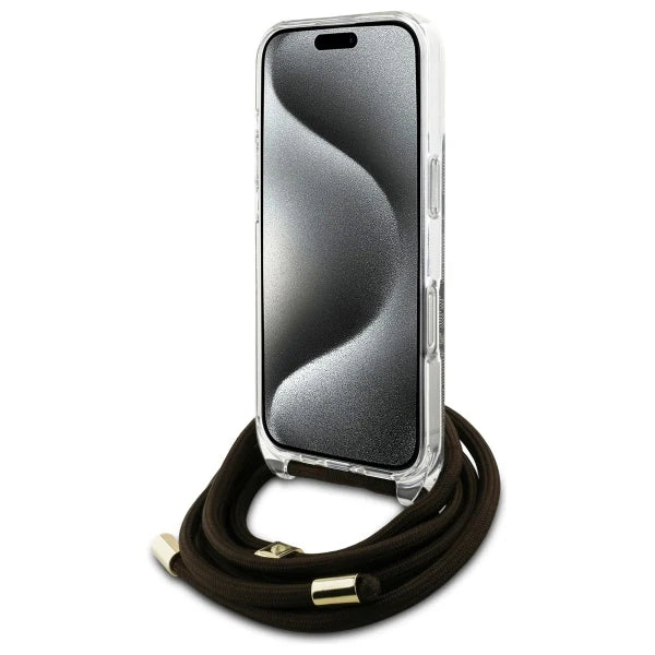 GUESS Crossbody Handyhülle für iPhone 16 Pro Max – Schwarz/Grau mit Logo-Print & Trageband