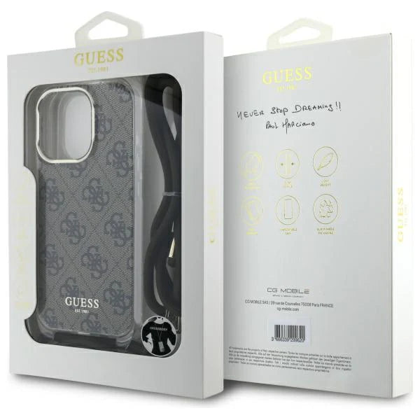 GUESS Crossbody Handyhülle für iPhone 16 Pro Max – Schwarz/Grau mit Logo-Print & Trageband
