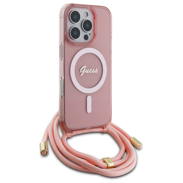 GUESS Crossbody Handyhülle für iPhone 16 Pro Max – Rosa Transparent mit MagSafe & Trageband