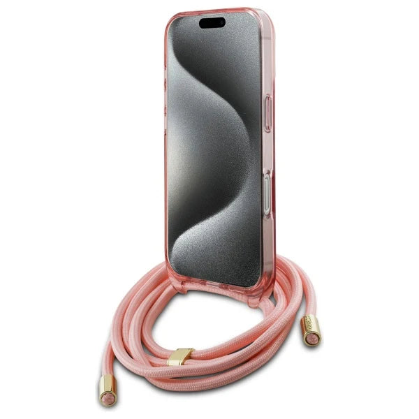 GUESS Crossbody Handyhülle für iPhone 16 Pro Max – Rosa Transparent mit MagSafe & Trageband