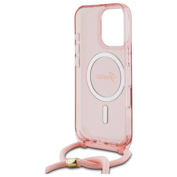 GUESS Crossbody Handyhülle für iPhone 16 Pro Max – Rosa Transparent mit MagSafe & Trageband