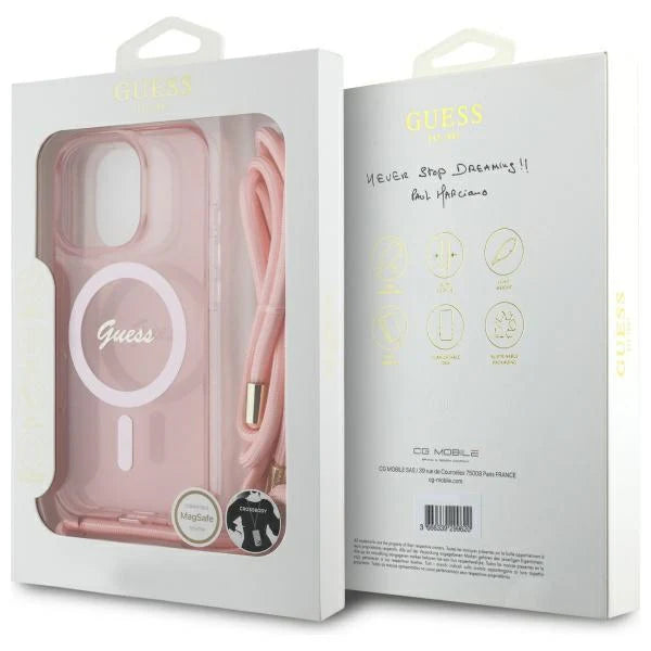 GUESS Crossbody Handyhülle für iPhone 16 Pro Max – Rosa Transparent mit MagSafe & Trageband