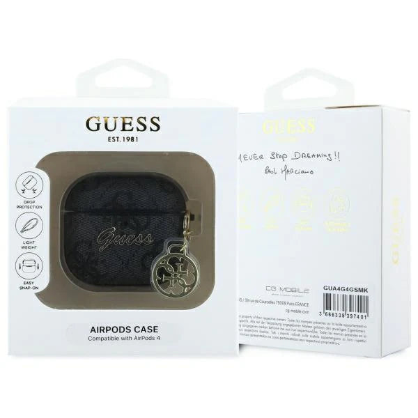 GUESS AirPods 4 Hülle – Schwarz & Gold | Luxuriöses Case mit Anhänger