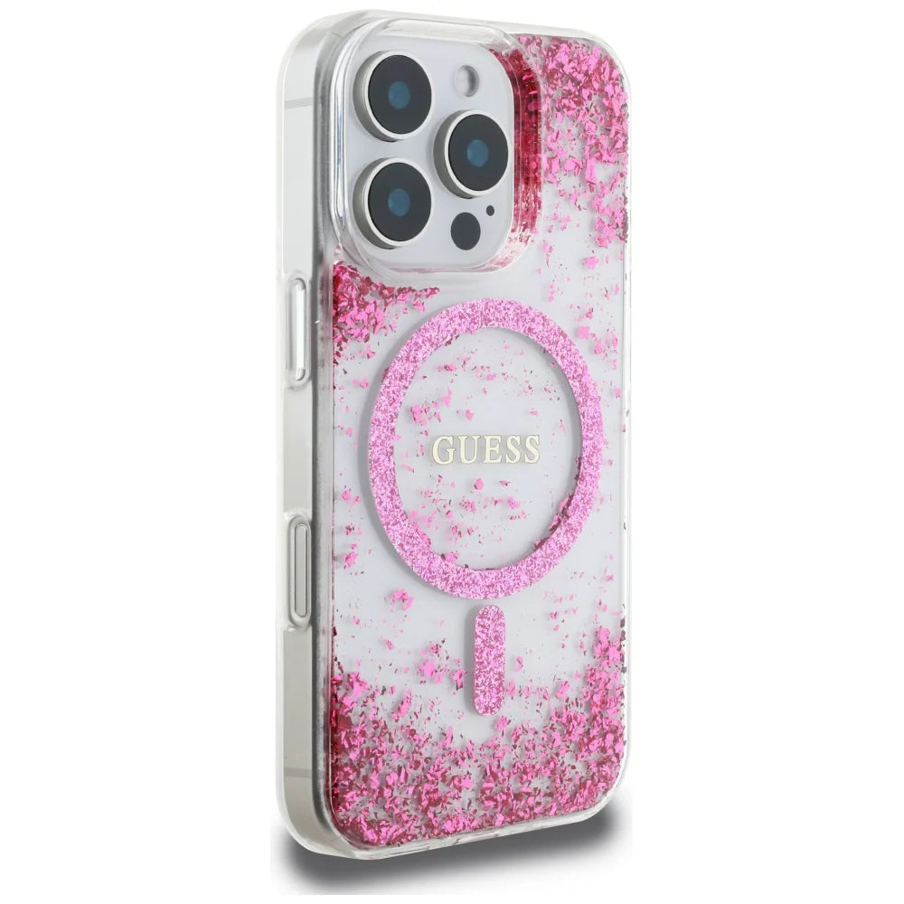 GUESS Handyhülle für iPhone 16 Pro Max – Transparent mit rosa Glitzerflakes & MagSafe-Ring