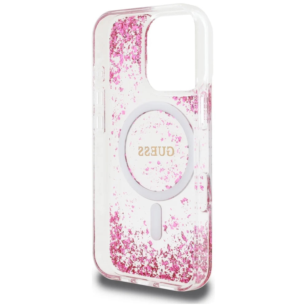 GUESS Handyhülle für iPhone 16 Pro Max – Transparent mit rosa Glitzerflakes & MagSafe-Ring
