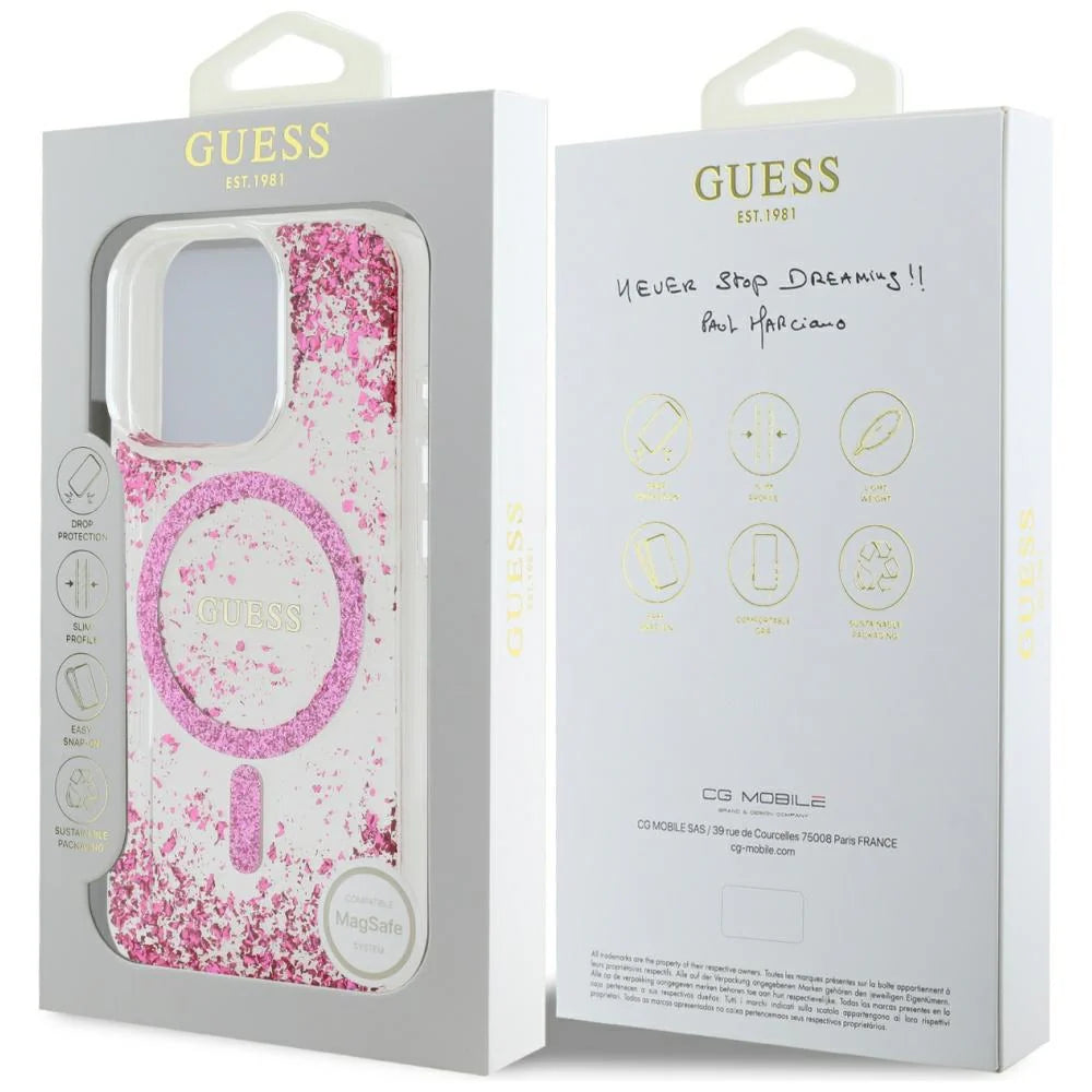 GUESS Handyhülle für iPhone 16 Pro Max – Transparent mit rosa Glitzerflakes & MagSafe-Ring